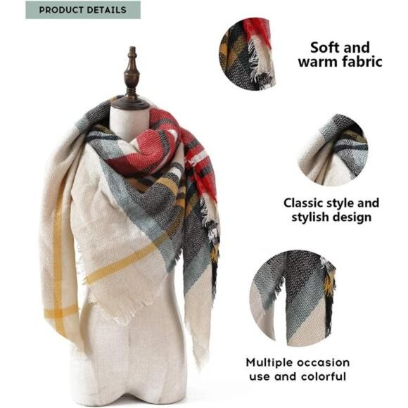 Plaid Print Oversized Blanket Scarf Tartan Checked Shawl Wrap Pashmina Red Cream - Picture 3 of 5